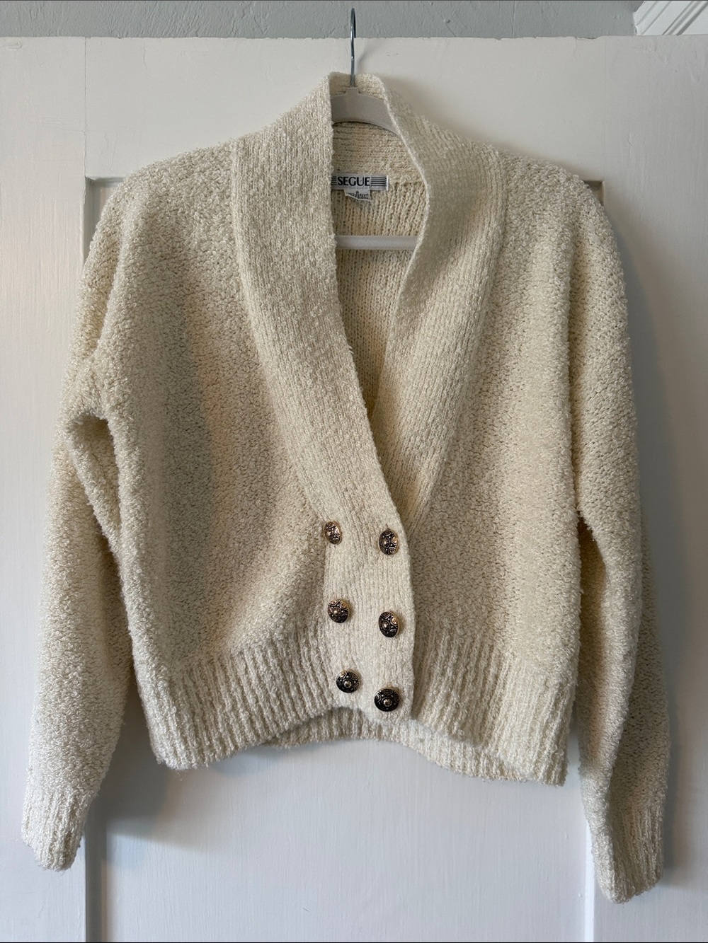 Vintage Cream Shawl Collar Button-Front Bouclé Sweater and Cute Unique Buttons